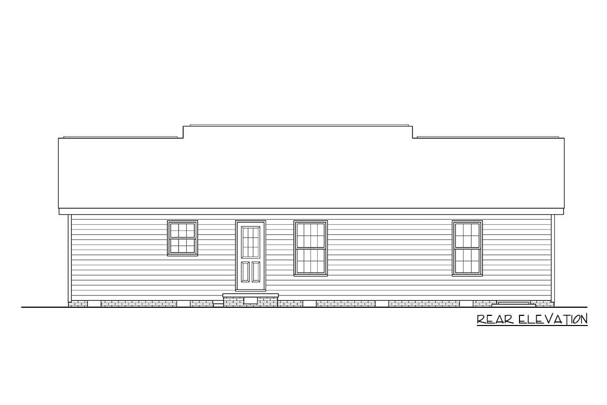 Rear elevation drawing of a single-story house with three windows and a central door.