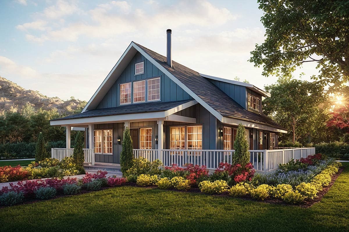 House plan exterior. Two-story farmhouse with a front porch, dormers, and gabled roof. Features multiple windows and exterior lighting.