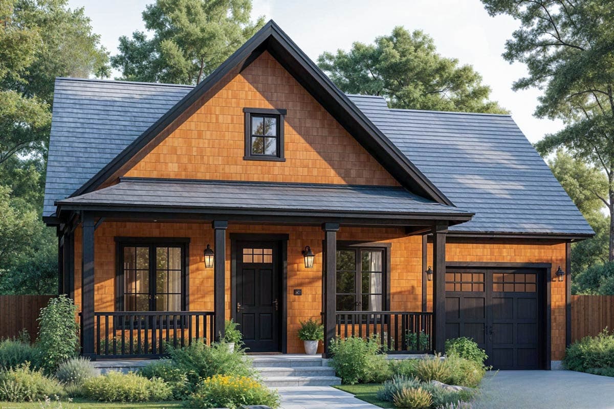 House plan exterior with Craftsman style. Features include a front porch, gabled roof, and attached garage. Two story structure.