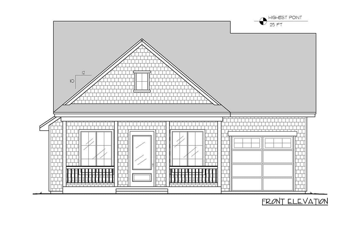 Front elevation house plan. One-story with a covered porch, gable roof, dormer window, and attached garage.