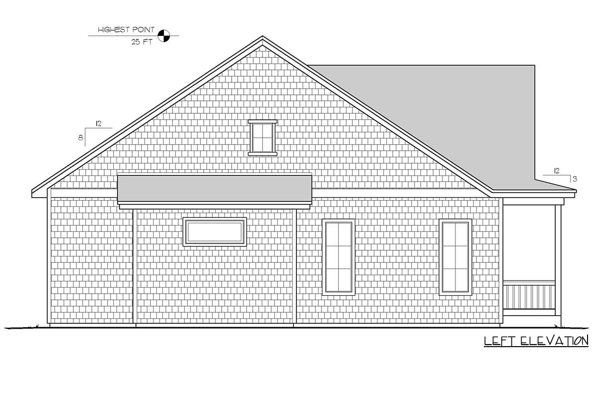 Left elevation house plan with shingle siding, a prominent gable, hip roof, dormer, and covered porch.