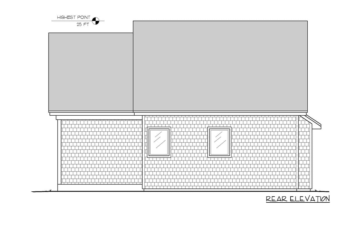 Rear elevation drawing of a two-story house plan with shingle siding, two windows on the lower level, and a gabled roof.