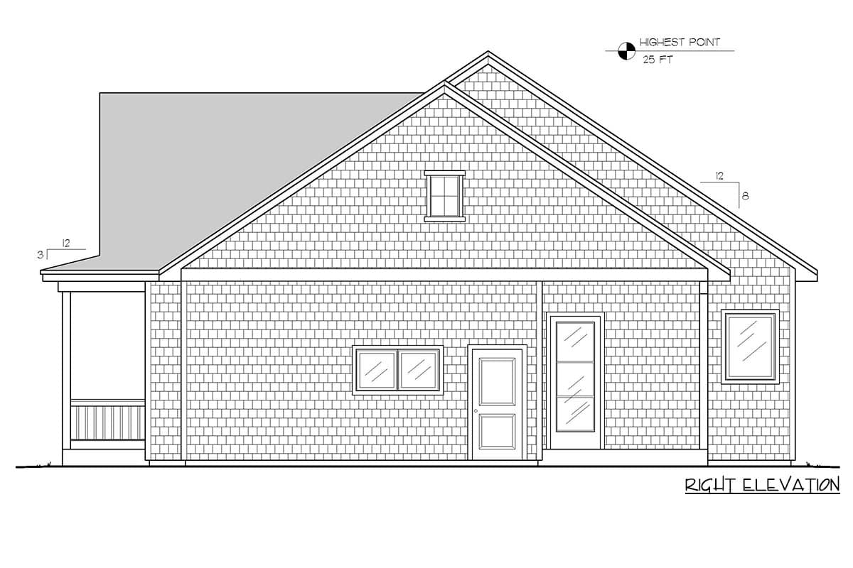 Right elevation house plan drawing featuring a gabled roof, shingle siding, a covered porch, and two doors.