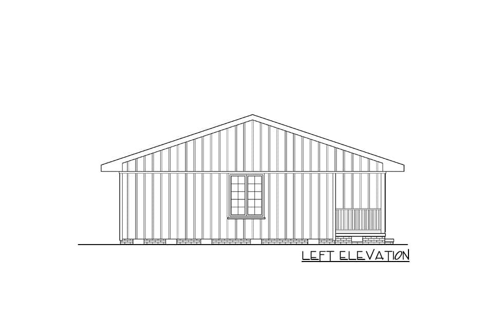 Left elevation drawing of a house plan featuring vertical siding, a central window, and a covered porch.