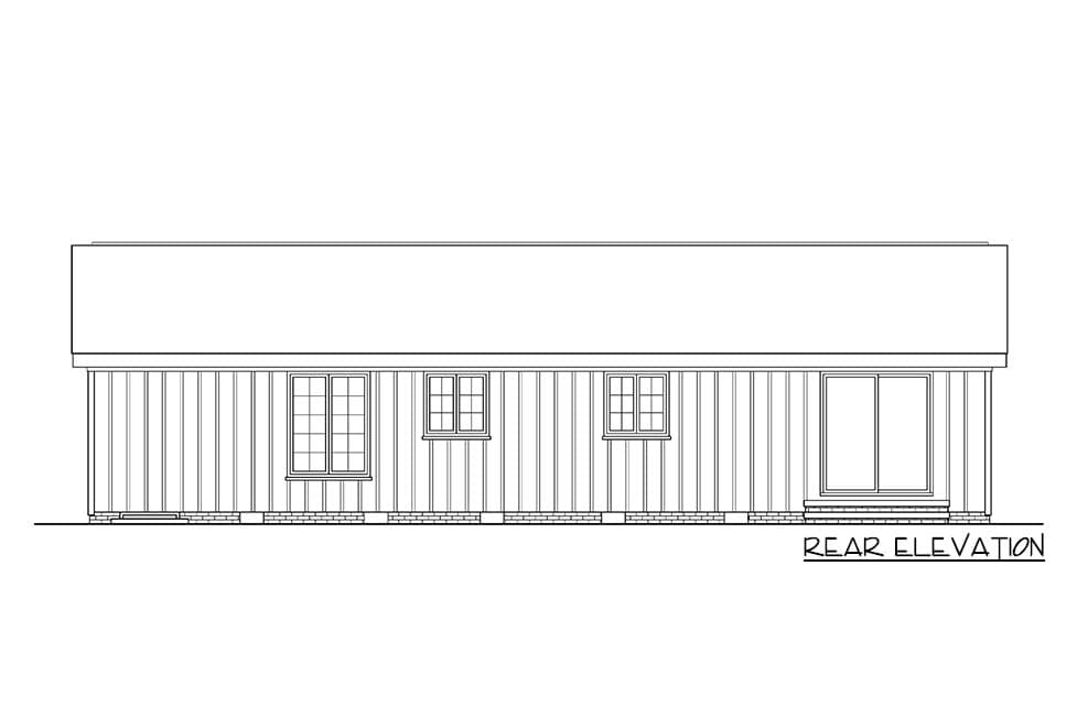 Rear elevation drawing of a house plan with three windows and one sliding glass door.