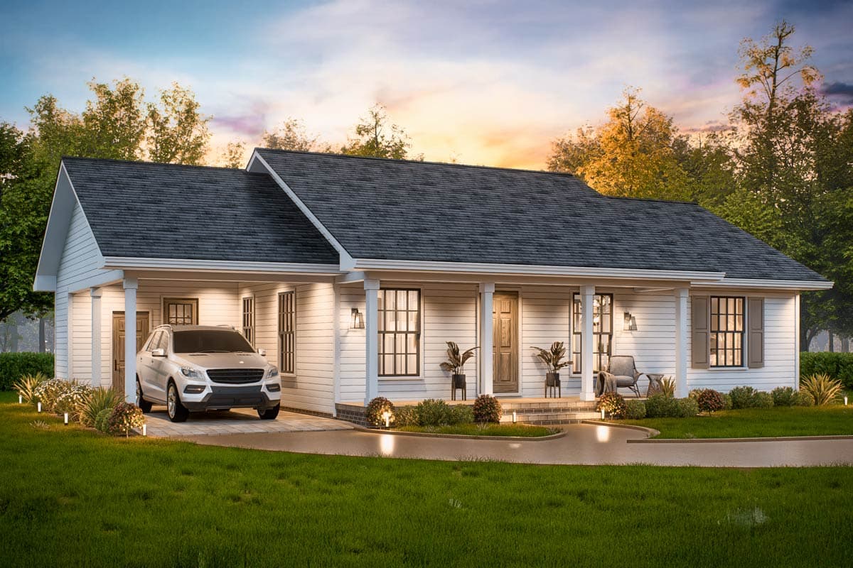 House plan exterior: Ranch style, one story, with attached carport, wide front porch with columns, and gabled rooflines.