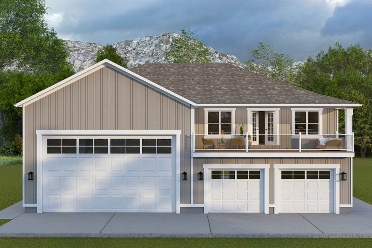 House plan exterior with two-story design, attached garage, and second-story balcony with glass railing. Gable roof and vertical siding are visible.