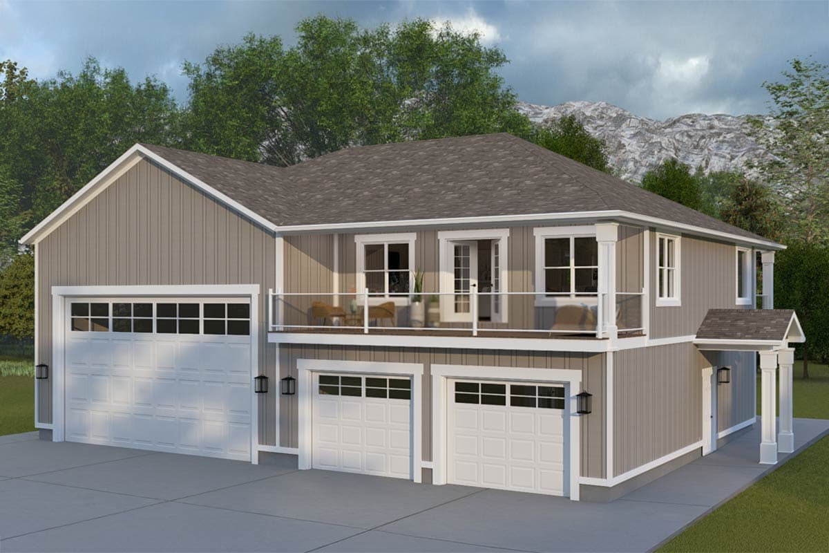 House plan exterior of a two-story home with a three-car garage, balcony, and multiple gables.