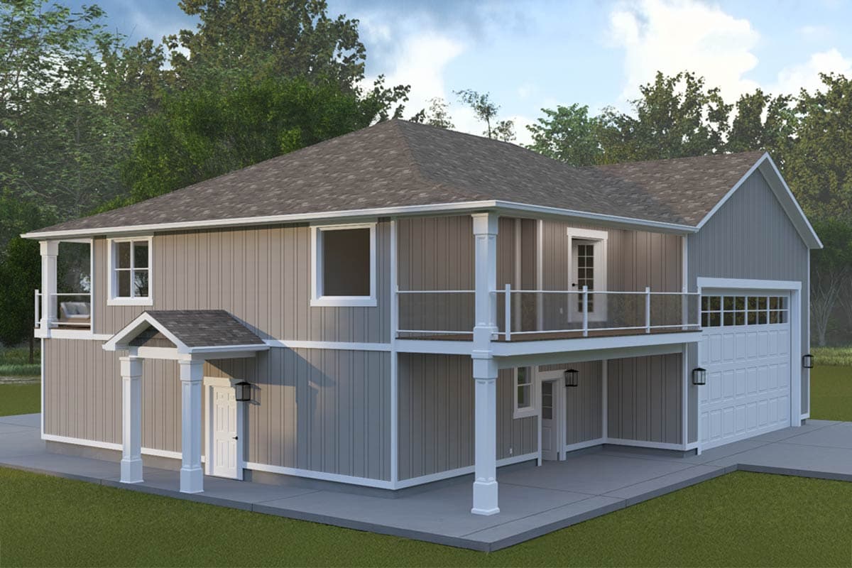 House plan exterior of a two-story home with a gable roof, deck, covered entrance, and attached garage.