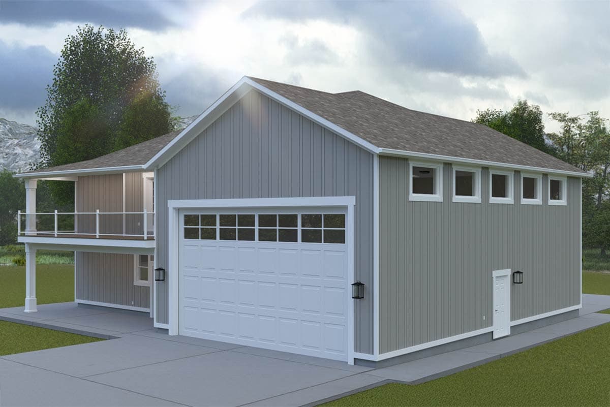 Modern house plan exterior with a wide garage door, a second-story deck, and multiple square windows.
