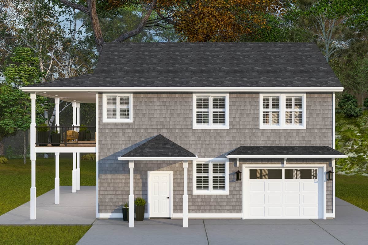 House plan exterior. Two-story home with a porch, gabled entry, and a side-entry garage. Features a shingle-style siding and dark roof.