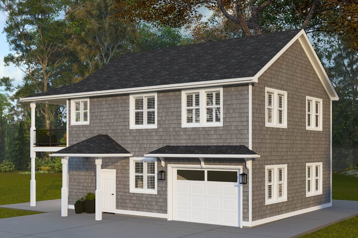 Two-story house plan exterior with shake siding, a detached garage, a covered porch, and multiple gables.