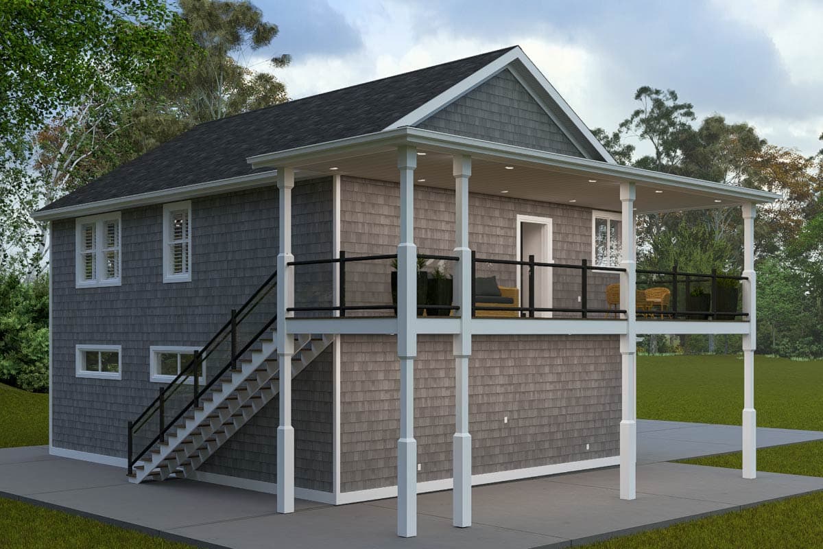 House plan exterior: Two-story home with a covered deck, gabled roof, and exterior stairs. Shingle siding.
