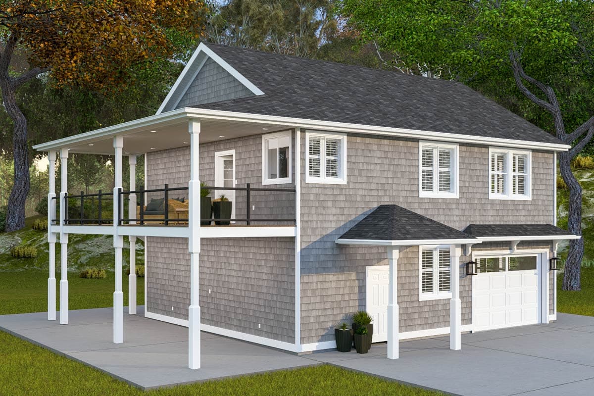 Two-story house plan exterior with shingle siding, wrap-around deck, and attached garage.