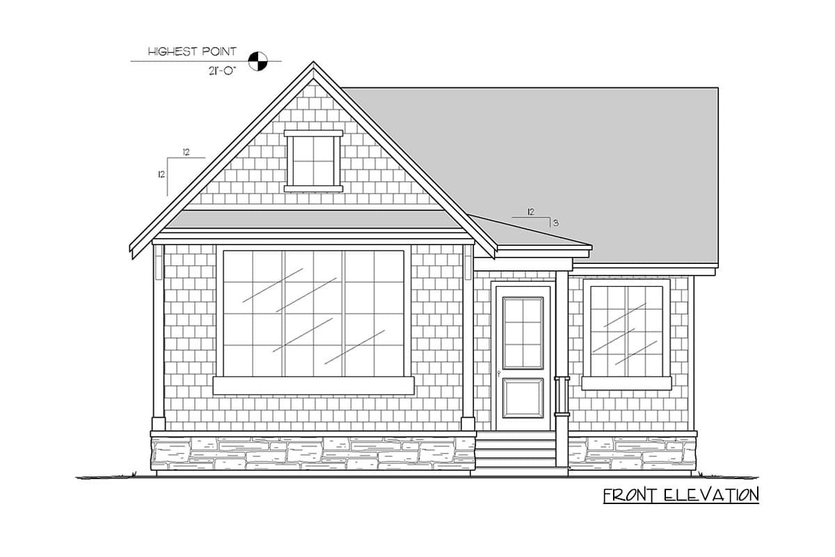Front elevation drawing of a one-story house with a gable roof, dormer window, and stone foundation.