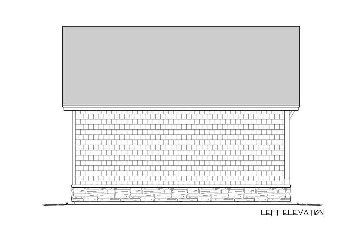 Left elevation drawing of a house plan with shingle siding and stone foundation.