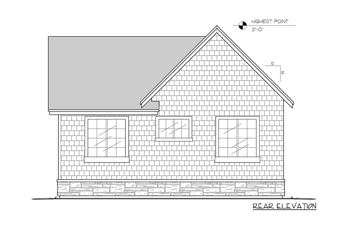 Rear elevation house plan showing shake siding, stone foundation, and three windows.