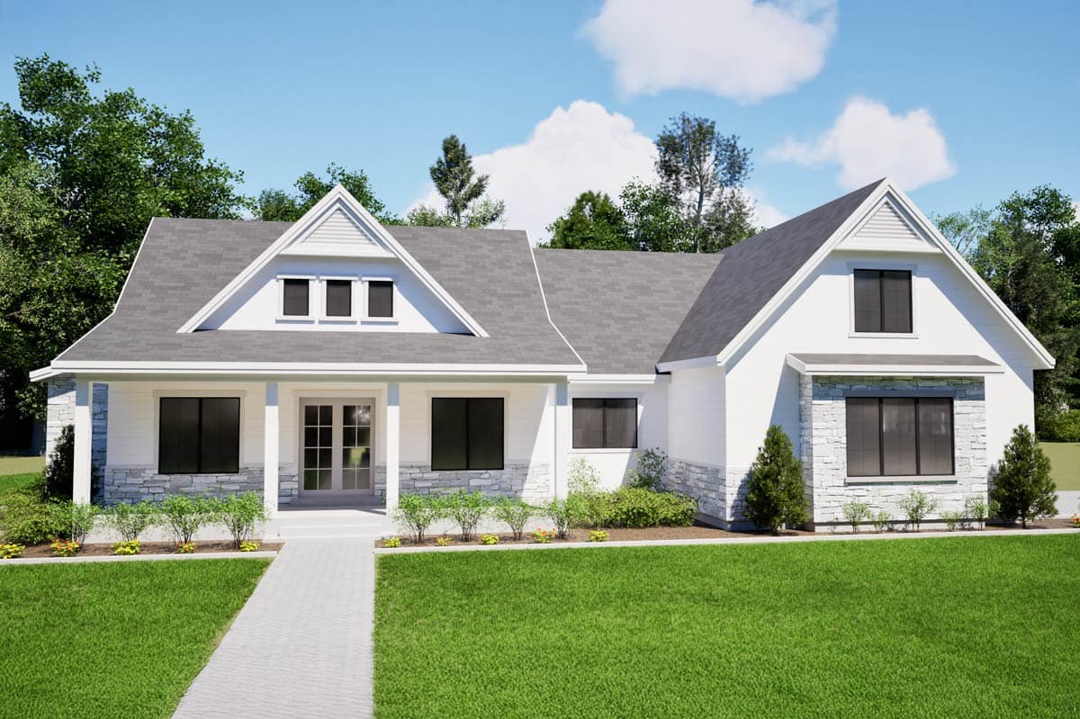 House plan exterior. Two-story Modern Farmhouse with gable roof, covered front porch, and stone accents at the foundation level.