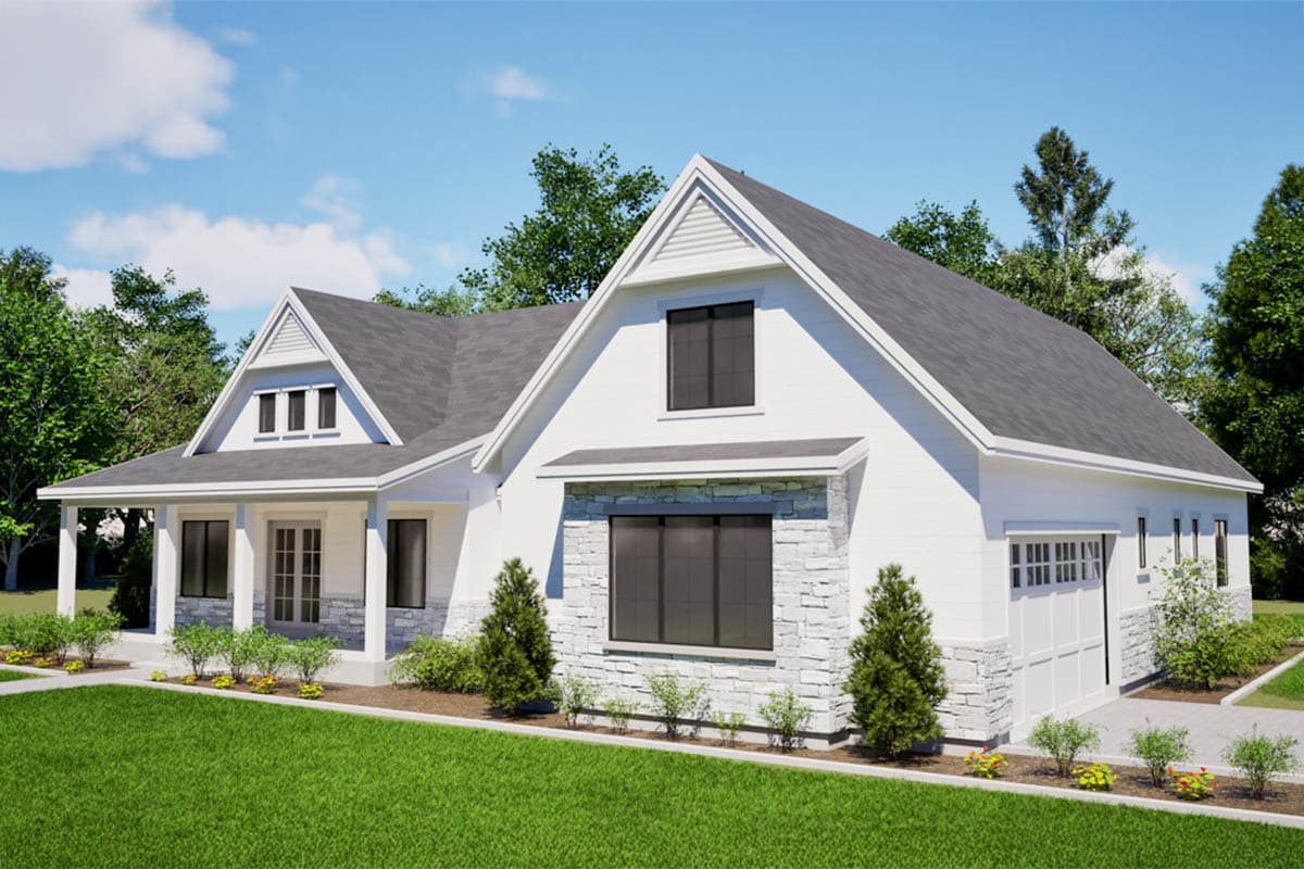 Modern Farmhouse house plan exterior with gabled roof, wide porch, stone accents, and two-car garage.