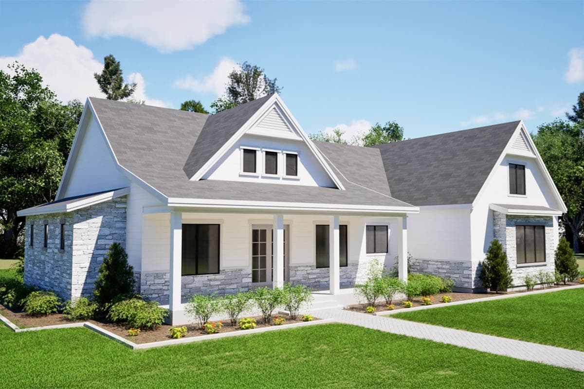 House plan exterior with stone accents, covered front porch, gables, and dormer windows.