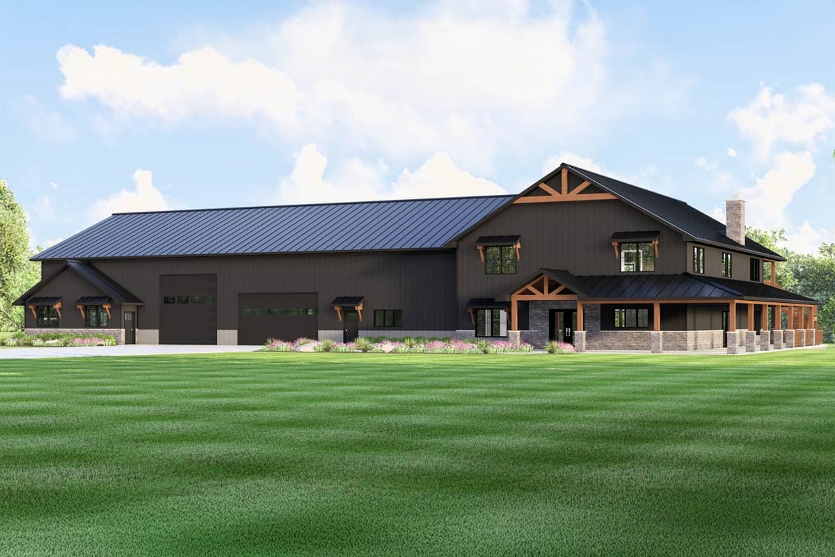 House plan exterior with two stories, a farmhouse style, a covered porch, and a garage with overhead doors.