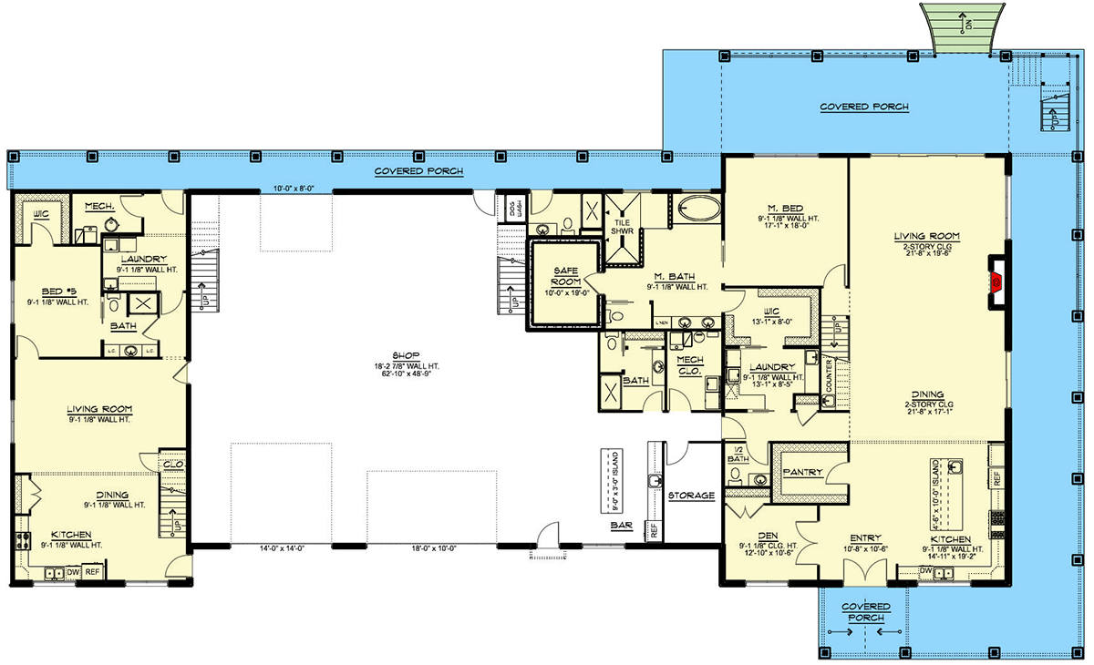 Plan 135356GRA: 4-Bed Barndominium House Plan with Attached 2-Bed Apartment - 7781 Sq Ft - Floor Plan - Main Level - Barndominium, Mountain, New American
