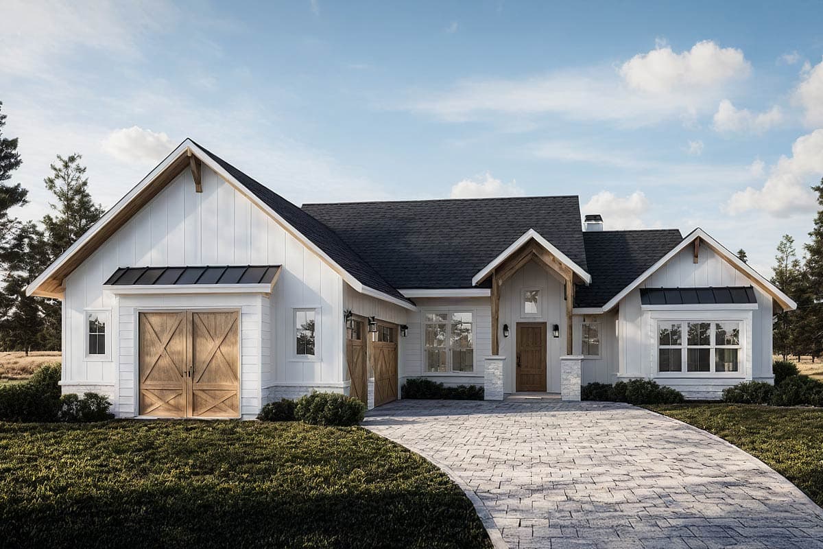 House plan exterior. Modern Farmhouse style with two stories, gabled rooflines, wood accents, and a covered front entry.