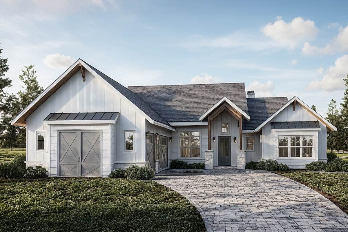 House plan exterior: Modern Farmhouse style, one-story, white board and batten siding, gabled roof, two garage doors, stone accents.
