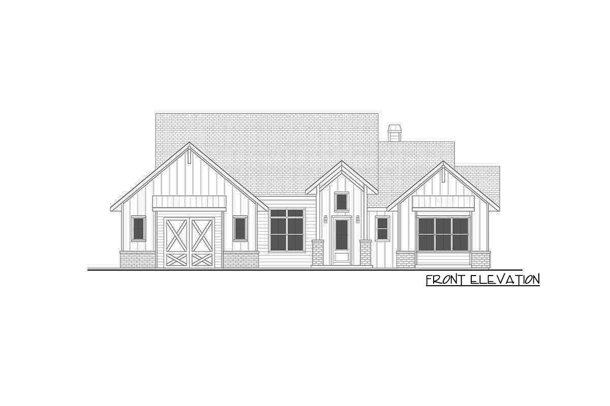 Front elevation drawing of a Modern Farmhouse style house plan featuring a prominent gable with barn doors, large windows, and a pitched roof.