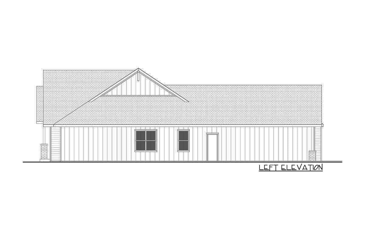 Left elevation drawing of a single-story house plan with vertical siding, gabled roof, and stone-clad corner supports.