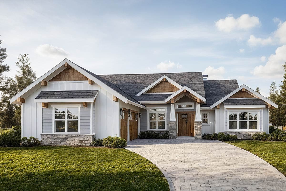 House plan exterior. Ranch style with multiple gables, stone accents, and wood-toned garage doors. Includes a covered front entry.
