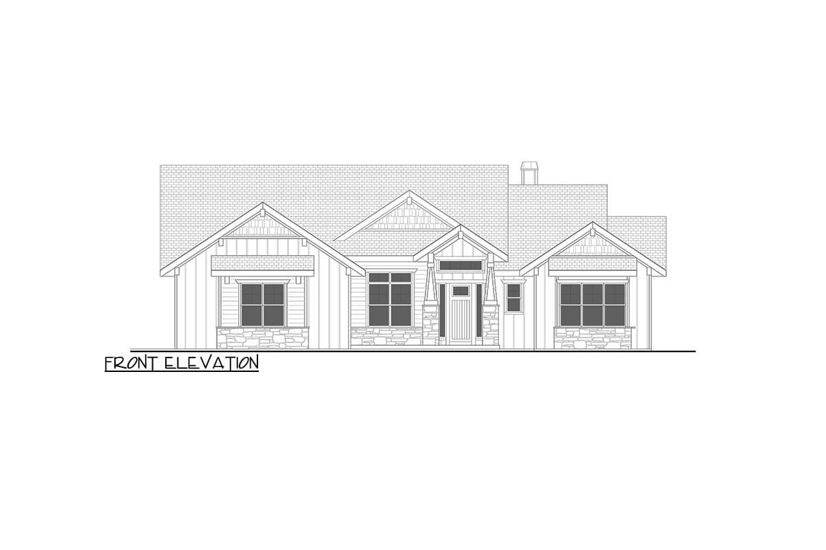 Front elevation drawing of a single-story house plan with multiple gables, stone accents, and a covered entry.