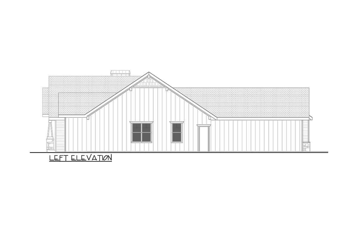 Left elevation drawing of a house plan showing a gable roof, vertical siding, two windows, and a door.