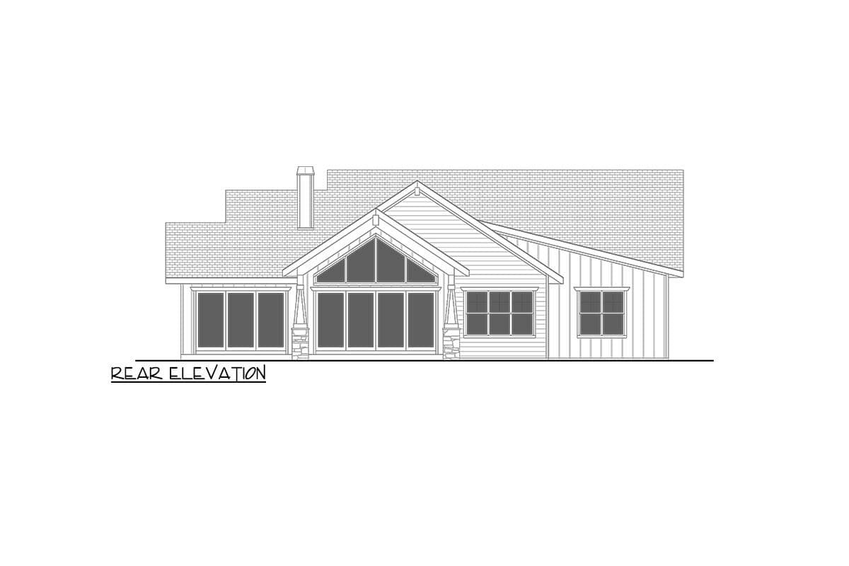 Rear elevation drawing of a house with a prominent gable, large windows, and stone-clad columns.