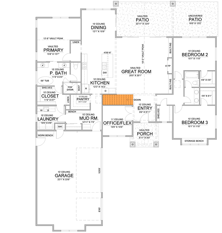 Plan 365061PED: 3-Bedroom Mountain Craftsman House Plan with Home Office or Flex Room - 2500 Sq Ft - Floor Plan - Main Level - Basement Stairs Location - Craftsman, Mountain