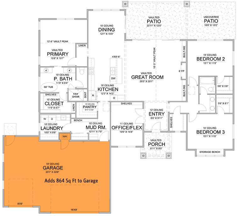 Plan 365061PED: 3-Bedroom Mountain Craftsman House Plan with Home Office or Flex Room - 2500 Sq Ft - Floor Plan - Main Level - Front Garage Option ($ Paid Option) - Craftsman, Mountain
