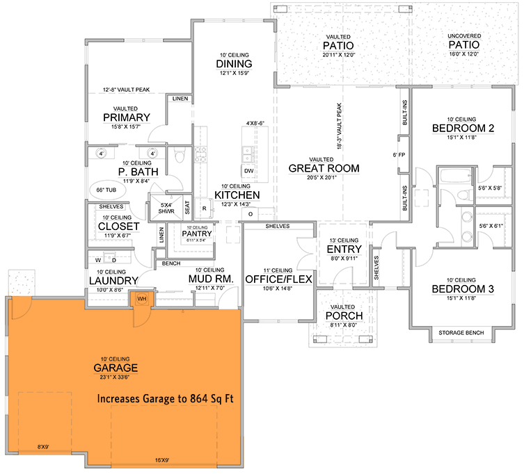 Plan 365062PED: 3-Bed Transitional House Plan with Vaulted Great Room and Flex Room - 2500 Sq Ft - Floor Plan - Main Level - Front Garage Option ($ Paid Option) - Transitional