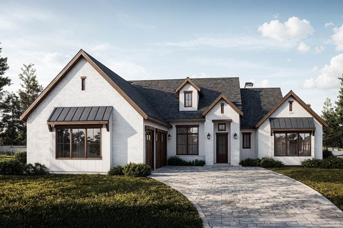 House plan exterior: two-story Modern Farmhouse with gables, dormers, and dark metal awnings. Features include a side-entry garage and brick facade.