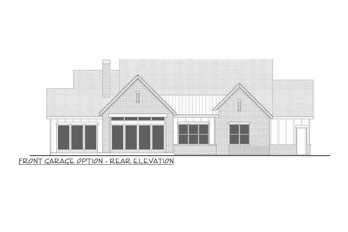 Front garage option - rear elevation drawing shows a brick house with a central gable, large windows, and a pitched roof.