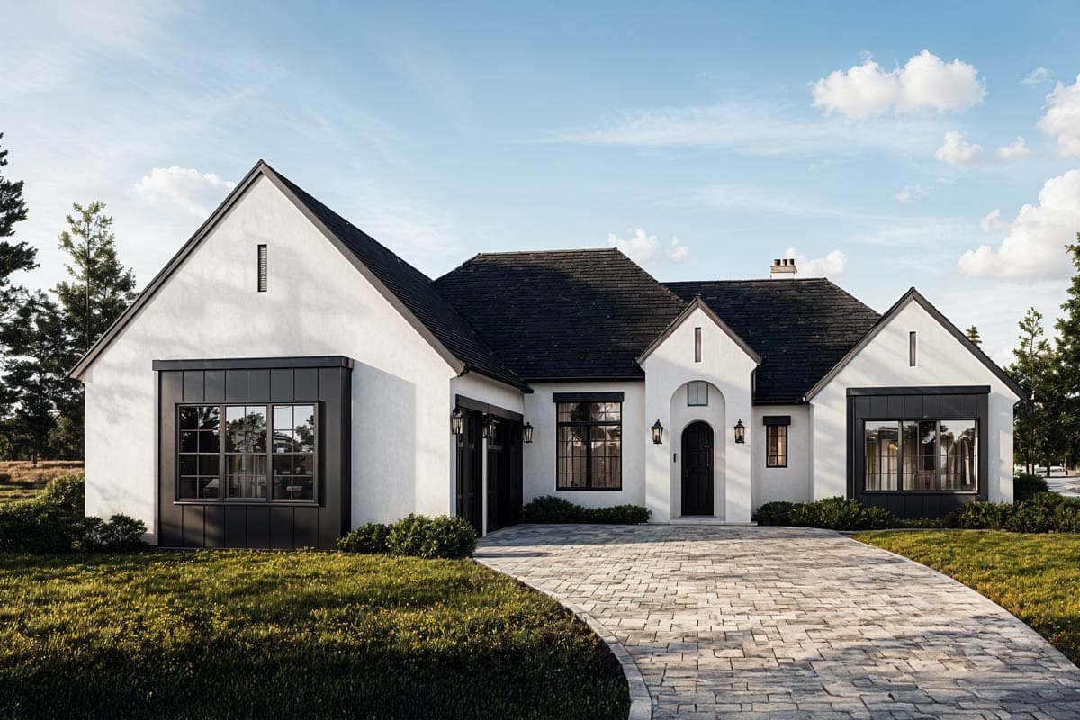 House plan exterior. One-story home with a dark roof and black trim. Features include gables, arched entry, and integrated garage.