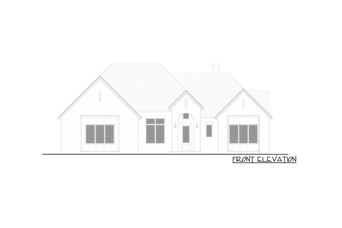 Front elevation drawing of a one-story house with a prominent gable over the entrance and large multi-pane windows.