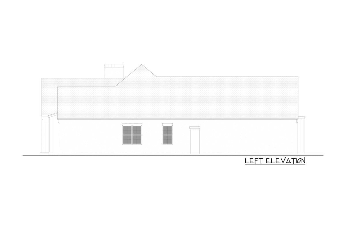 House plan left elevation showing a hipped roof, gabled dormer, two windows, and a door.