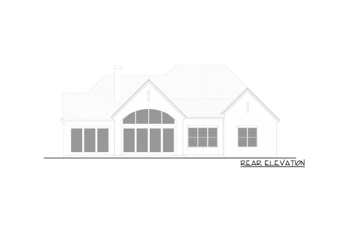 Rear elevation house plan with central arched window, adjacent multi-pane windows, and chimney.