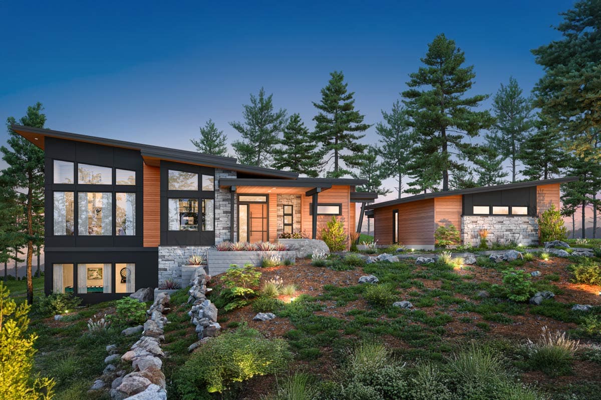 House plan exterior with modern design. Features include a single-story structure, asymmetrical rooflines, natural wood siding, and large windows.