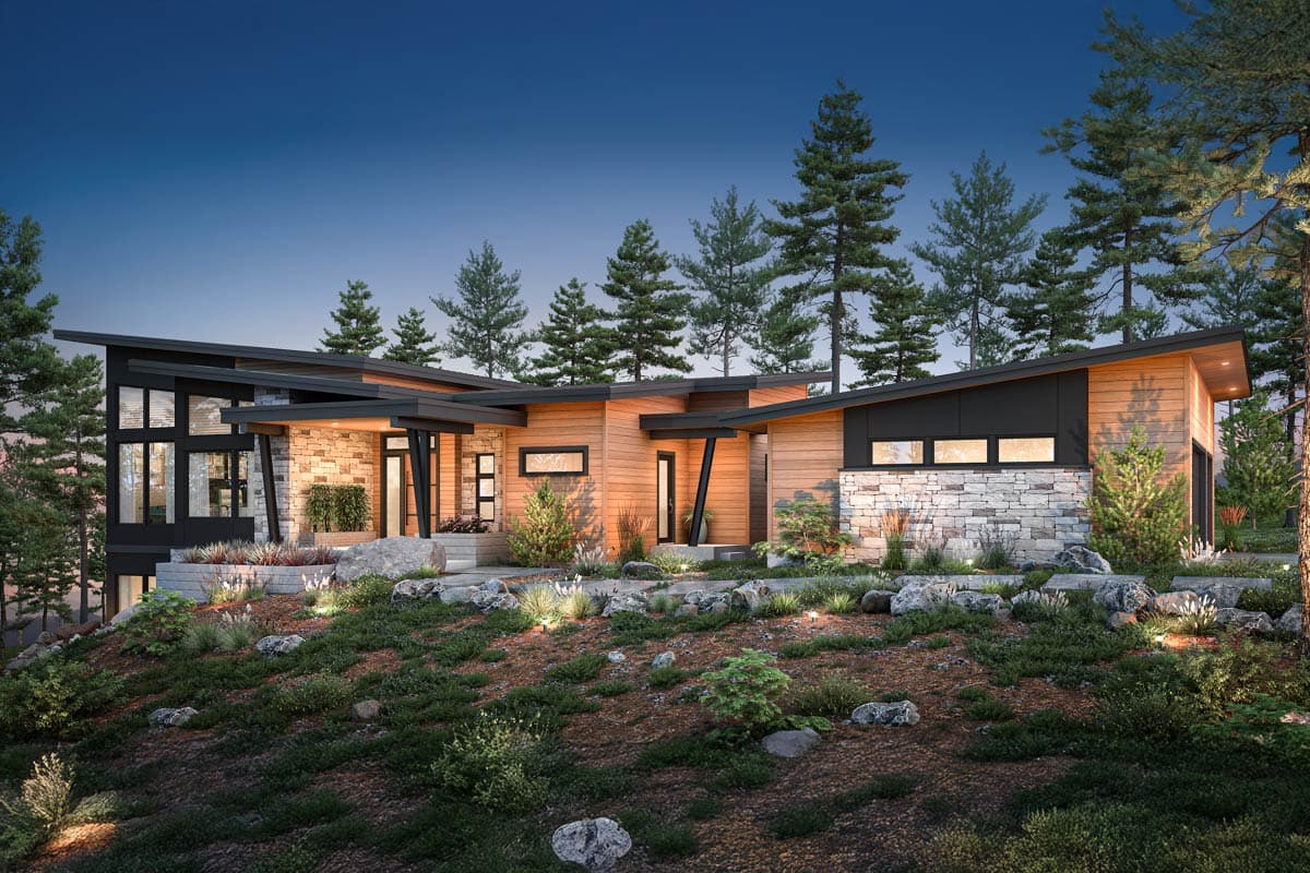 Modern house plan exterior with multiple rooflines, wood siding, stone accents, and large windows.