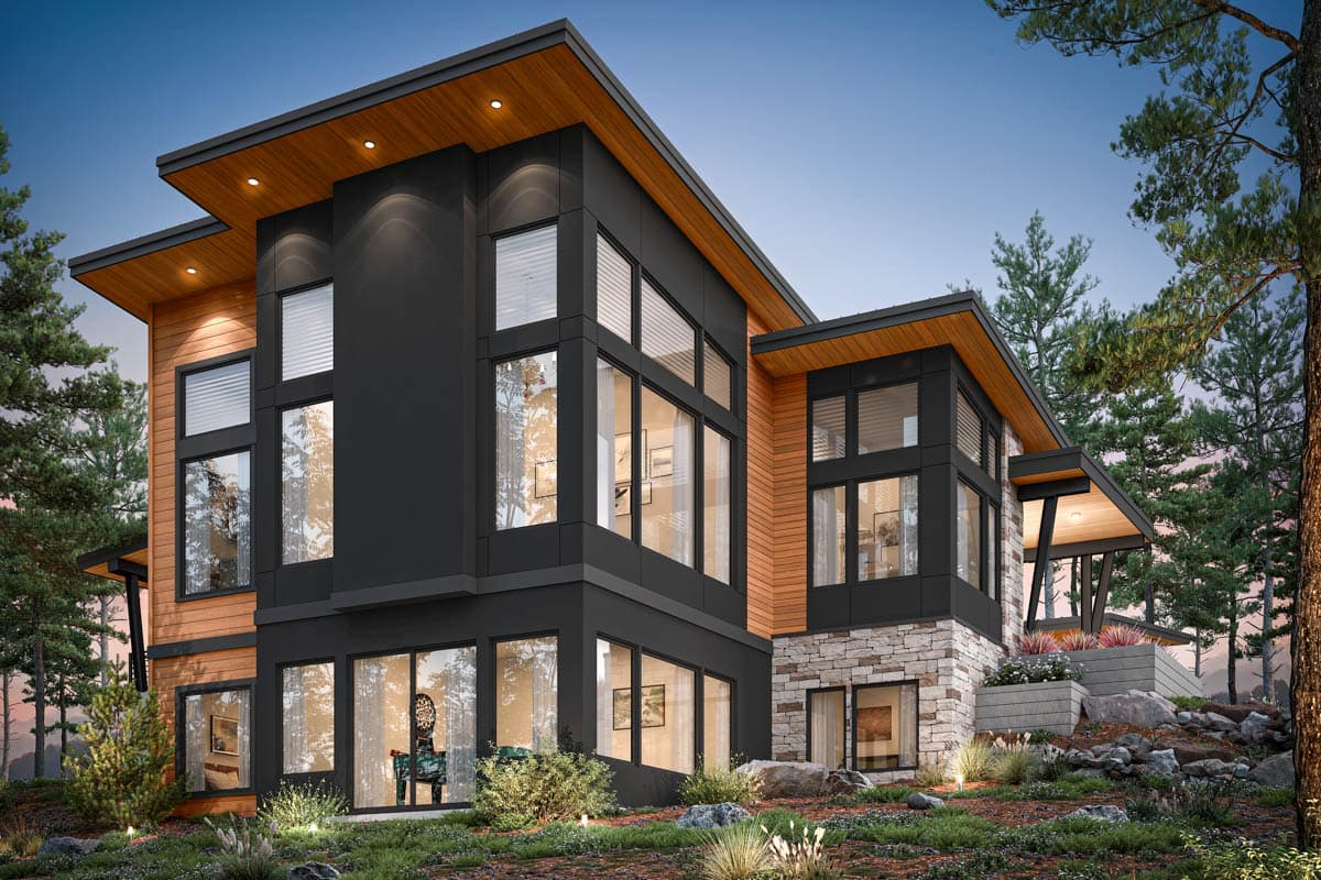 Modern house plan exterior with wood and stone siding, large windows, and cantilevered rooflines.
