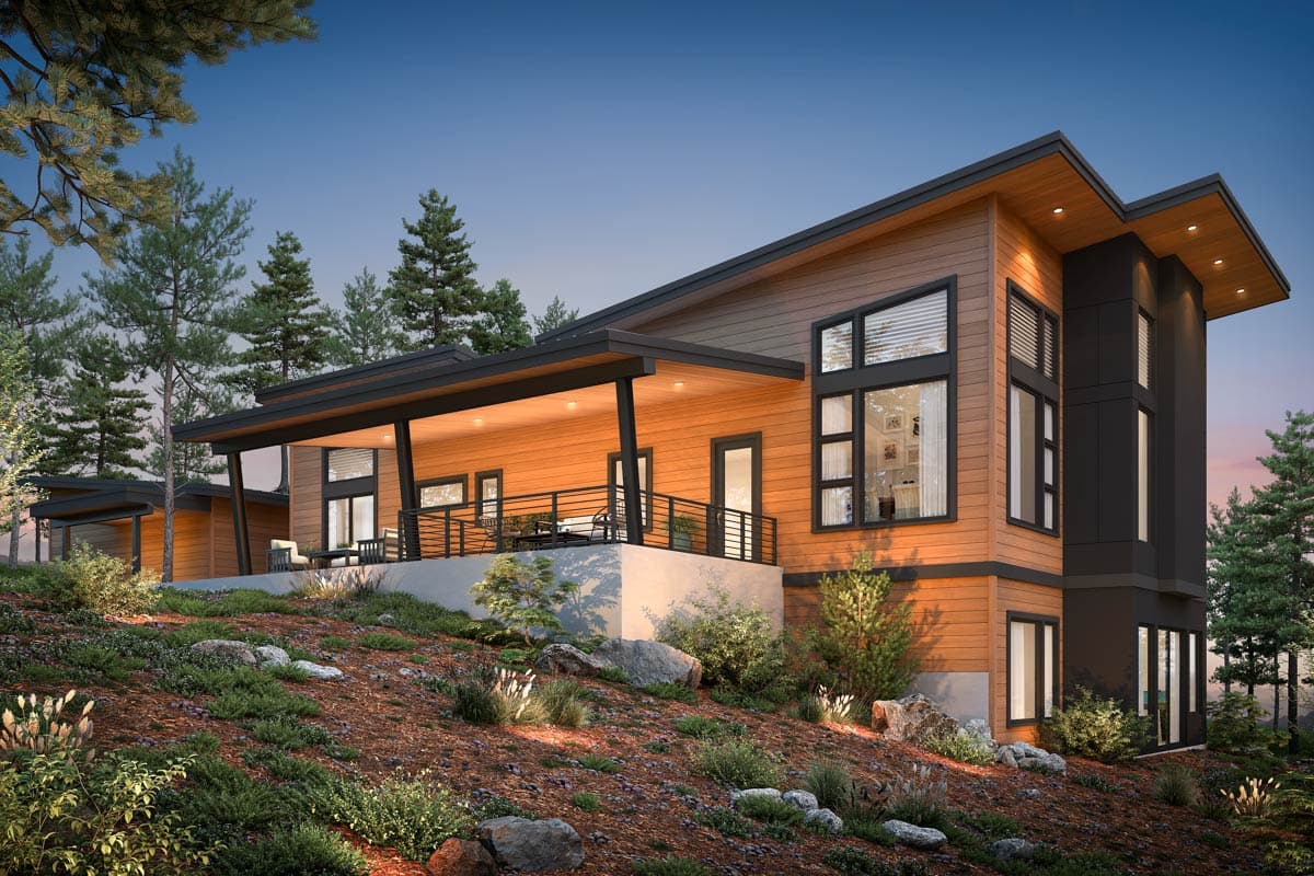 Modern house plan exterior featuring wood siding, a covered porch with deck, and a multi-level roofline.