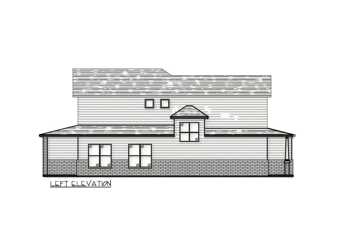 Left elevation house plan drawing with a gabled dormer, two upper windows, and a porch with brick foundation.