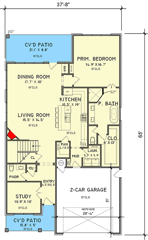 Plan 302000PSK: 4-Bedroom Traditional House Plan with Main Level Primary Bed and Loft Upstairs - Floor Plan - Main Level - New American, Traditional