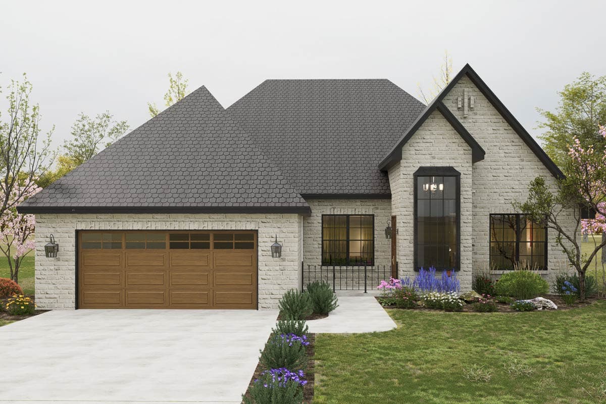 House plan exterior: Single-story Modern Farmhouse with brick facade, gable roof, and attached garage.